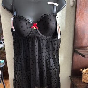 Daisy Fuentes Black Sheer Chemise with Heart Pattern